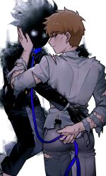 Rule 34 | 2boys, ass, aura, black hair, black pants, brown hair, collar, dirty, dirty face, floating, formal, from behind, gakuran, glowing, glowing eyes, grey jacket, grey pants, hand on another&#039;s cheek, hand on another&#039;s face, highres, holding, holding leash, hug, jacket, kageyama shigeo, leash, long sleeves, looking at viewer, looking back, male focus, mob psycho 100, multiple boys, otaku0220, pants, profile, reigen arataka, school uniform, shadow, short hair, simple background, smile, smoke, solo, spiked hair, suit, tight clothes, tight pants, torn clothes, torn jacket, torn pants, white background
