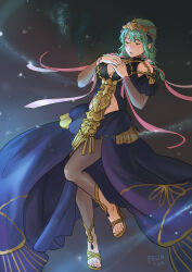 Rule 34 | 1girl, artist name, bare shoulders, blue dress, braid, breasts, byleth (female) (fire emblem), byleth (fire emblem), cleavage, closed eyes, commentary, cosplay, detached sleeves, dress, felia hanakata, fire emblem, fire emblem: three houses, green eyes, green hair, hands on own chest, high heels, highres, large breasts, long sleeves, medium breasts, medium hair, nintendo, official alternate costume, parted lips, red ribbon, ribbon, ribbon braid, sandals, solo, sothis (fire emblem), sothis (fire emblem) (cosplay), tiara, twin braids, white ribbon, yellow footwear