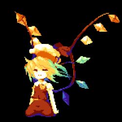 Rule 34 | 1girl, ascot, black background, blonde hair, crystal, daime fusonzai, flandre scarlet, hat, lowres, medium hair, mob cap, multicolored wings, pixel art, puffy short sleeves, puffy sleeves, red skirt, red vest, shirt, short sleeves, simple background, skirt, solo, touhou, vest, white shirt, wings, yellow ascot