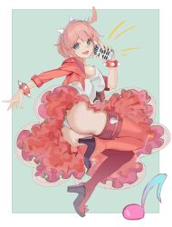 Rule 34 | 1girl, absurdres, adapted costume, ass, blue eyes, blush, bodysuit, boots, bracelet, breasts, ddul (hauluimubingoj1), dress, elphelt valentine, frilled dress, frills, guilty gear, guilty gear strive, hairband, highres, holding, holding microphone, jacket, jewelry, large breasts, microphone, open mouth, pink dress, pink footwear, pink hair, pink jacket, short hair, sideboob, smile, spiked bracelet, spiked hairband, spikes, thigh boots, two-tone dress, white bodysuit, white dress