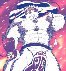 Rule 34 | 1boy, abs, animal ears, bara, body fur, bulge, cowboy shot, ezaki papiko, from below, furry, furry male, greyscale, headband, highres, holding, holding clothes, holding jacket, horkeu kamui, jacket, large pectorals, looking at viewer, male focus, monochrome, muscular, nipples, pectorals, revealing clothes, simple background, solo, sword, tokyo houkago summoners, upper body, vambraces, weapon, yellow eyes