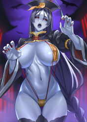 Rule 34 | 1girl, alternate eye color, alternate hair color, alternate skin color, black hair, black sclera, blue skin, breasts, chinese clothes, colored sclera, colored skin, colored tongue, fate/grand order, fate (series), fingernails, hat, highres, huge breasts, jiangshi, long hair, looking at viewer, low-tied long hair, minamoto no raikou (fate), navel, official alternate costume, ofuda, ofuda on nipples, open mouth, outstretched arms, parted bangs, pasties, purple tongue, qingdai guanmao, red eyes, red nails, saliva, sharp fingernails, slingshot swimsuit, solo, sturmjaeger (daybreaks0), swimsuit, talisman, teeth, thigh gap, thighs, undead, very long hair, zombie pose