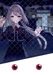 Rule 34 | 1girl, 1other, absurdres, against fence, bandage on face, bandages, black dress, black jacket, blue eyes, blush, building, chain-link fence, city, clenched teeth, collared dress, commentary request, cropped jacket, cross tie, daito academy school uniform, dress, fence, grey hair, highres, jacket, kyubey, layered sleeves, long hair, long sleeves, magia record: mahou shoujo madoka magica gaiden, mahou shoujo madoka magica, necktie, night, ponytail, red eyes, red necktie, school uniform, shirousa (blanche lapine3), short dress, short over long sleeves, short sleeves, signature, skyscraper, swept bangs, tearing up, tears, teeth, wavy mouth, yakumo mitama