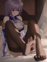 Rule 34 | 1girl, arm support, ass, bare shoulders, breasts, brown pantyhose, choker, clothes pull, cone hair bun, curtains, detached sleeves, dress, feet, frown, genshin impact, grey hair, hair bun, highres, indoors, keqing (genshin impact), legs up, long hair, looking at viewer, looking down, maemi (maemi12), medium breasts, no shoes, on bed, pantyhose, pantyhose pull, purple eyes, sitting, solo, thighband pantyhose, toes, twintails, white dress