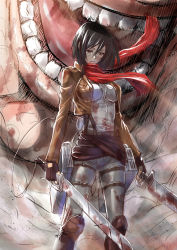 Rule 34 | 1boy, 1girl, blood, blush, breasts, cropped jacket, crying, crying with eyes open, giant, giant monster, highres, kaijuu, medium breasts, mikasa ackerman, monster, pants, scarf, shingeki no kyojin, size difference, solo focus, standing, sword, tears, teeth, thigh strap, three-dimensional maneuver gear, titan (generic) (shingeki no kyojin), titan (shingeki no kyojin), weapon, zucchini