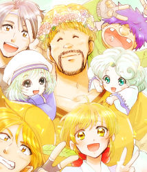 Rule 34 | 2girls, 5boys, blonde hair, bobosuke, bow, clay s. anderson, closed eyes, facial hair, fortune quest, green eyes, green hair, grin, hat, hat feather, head wreath, kitton (fortune quest), knoll (fortune quest), looking at viewer, multiple boys, multiple girls, pastel g. king, purple hair, rumy (fortune quest), shiro (fortune quest), smile, trapp (fortune quest), v, yellow eyes