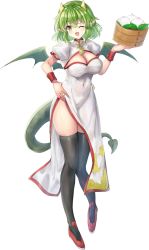 Rule 34 | 1girl, alternate costume, alternate eye color, black thighhighs, blush, breasts, china dress, chinese clothes, cleavage, cleavage cutout, clothing cutout, covered navel, draco centauros, dragon girl, dragon horns, dragon tail, dragon wings, dress, fang, green eyes, green hair, highres, horns, large breasts, looking at viewer, one eye closed, open mouth, pointy ears, puyopuyo, red footwear, short hair, short sleeves, smile, solo, tail, thighhighs, white dress, wings, yui (msy1302mana)
