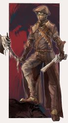 Rule 34 | 1boy, absurdres, bad id, bad twitter id, blood, bloodborne, boots, cloak, from software, gloves, gun, hat, highres, holding, hunter (bloodborne), hunter axe, male focus, mask, nigiri (ngr24), short hair, solo, sword, tricorne, weapon