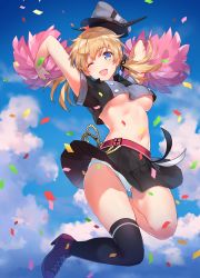 Rule 34 | 10s, 1girl, ;d, adapted costume, alternate eye color, anchor hair ornament, arms up, black skirt, black socks, black thighhighs, blonde hair, blue eyes, breasts, cheerleader, confetti, crop top, cropped shirt, cross-laced footwear, day, from below, hair ornament, hair ribbon, hat, hat loss, high heels, highres, jumping, kantai collection, kneehighs, leg up, long hair, looking at viewer, medium breasts, no bra, one eye closed, open mouth, panties, pantyshot, peaked cap, pom pom (cheerleading), prinz eugen (kancolle), red footwear, revision, ribbon, shoes, short sleeves, single thighhigh, skirt, sky, smile, sneakers, socks, solo, thighhighs, tousaki umiko, twintails, underboob, underwear, white panties