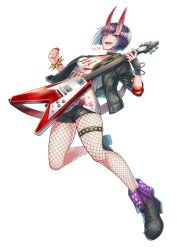 Rule 34 | 1girl, absurdres, black jacket, black shorts, bob cut, boots, bracelet, breasts, electric guitar, eyeliner, fang, fate/grand order, fate (series), fishnet legwear, fishnets, guitar, highres, horns, instrument, jacket, jewelry, long sleeves, looking at viewer, makeup, oni, open clothes, open jacket, open mouth, purple eyes, purple hair, raito (latek), shirt, short hair, short shorts, shorts, shuten douji (fate), simple background, skin-covered horns, small breasts, smile, spiked bracelet, spikes, white background, white shirt