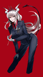 Rule 34 | 1girl, black necktie, breasts, crown, demon girl, demon horns, demon tail, feet out of frame, fufu (fufuichi04), gloves, helltaker, highres, horns, large breasts, long hair, lucifer (helltaker), mole, mole under eye, necktie, red background, red eyes, red shirt, shirt, simple background, smile, solo, sunrise, tail, white hair, white horns