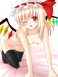 Rule 34 | 1girl, :p, ;p, all fours, alternate hairstyle, black thighhighs, blonde hair, blush, breasts, dotera, embodiment of scarlet devil, female focus, flandre scarlet, flat chest, hanazome dotera, hat, long hair, nipples, nude, one eye closed, red eyes, solo, thighhighs, tongue, tongue out, touhou, wings
