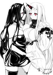 Rule 34 | 10s, 2girls, abyssal ship, bare shoulders, battleship princess, black dress, black hair, blush, breast press, breasts, claws, cleavage, colored skin, detached sleeves, dress, frottage, horns, kantai collection, kichihachi, large breasts, long hair, multiple girls, pale skin, red eyes, ribbed dress, ribbed sweater, seaport princess, short dress, sideboob, simple background, single horn, skin-covered horns, smile, spaghetti strap, strap slip, sweater, sweater dress, symmetrical docking, very long hair, white hair, white skin, yuri