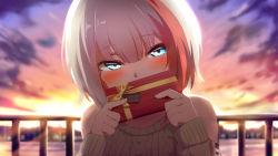 Rule 34 | 1girl, admiral graf spee (azur lane), admiral graf spee (daily peaceful life) (azur lane), admiral graf spee (peaceful daily life) (azur lane), aqua eyes, aran sweater, azur lane, blurry, blush, box, cable knit, cloud, cloudy sky, commentary request, covering own mouth, depth of field, detached sleeves, embarrassed, eyes visible through hair, german text, gift, gift box, highres, holding, holding gift, looking at viewer, multicolored hair, official alternate costume, pointing, red hair, shade, shimofuji jun, short hair, sidelocks, sky, solo, sweater, translated, twilight, two-tone hair, valentine, white hair