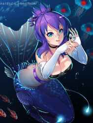 Rule 34 | 1girl, artist name, ass, bandaid, bandaid on face, belt bra, blue eyes, blue hair, breasts, choker, cleavage, doyagao, dr altruist, fins, fish, gloves, hair ornament, hairclip, indie virtual youtuber, jellyfish, large breasts, looking at viewer, melody (projektmelody), mermaid, monster girl, monsterification, multicolored hair, nail polish, penetration gesture, purple hair, smug, tongue, tongue out, two-tone hair, virtual youtuber, vshojo, white gloves
