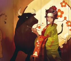 Rule 34 | 1girl, absurdres, animal ears, blue eyes, brown hair, bull, chinese zodiac, commentary, cow ears, cow horns, facial mark, flower, forehead mark, green kimono, hair bun, hair flower, hair ornament, highres, holding, holding smoking pipe, horns, indoors, japanese clothes, kimono, long sleeves, looking at viewer, mole, mole under mouth, nail polish, nicporim, original, red flower, red kimono, red nails, single hair bun, smoking pipe, solo, year of the ox