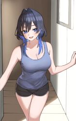 Rule 34 | 1girl, black shorts, blue eyes, blue hair, blue tank top, blush, breasts, cleavage, colored inner hair, doorway, dunchy, fang, gym shorts, hair intakes, half-closed eyes, hands up, hashtag-only commentary, highres, hololive, hololive english, indoors, large breasts, looking at viewer, multicolored hair, open mouth, opening door, ouro kronii, pov doorway, shorts, skin fang, solo, tank top, two-tone hair, virtual youtuber