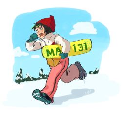 Rule 34 | 1girl, black hair, closed mouth, cloud, commentary, day, english commentary, full body, green mittens, hat, highres, holding snowboard, jacket, kurata tome, kyokyeo, long sleeves, mittens, mob psycho 100, outdoors, pants, pink pants, red hat, running, shoes, short hair, snow, snowboard, solo, white jacket, winter, winter clothes