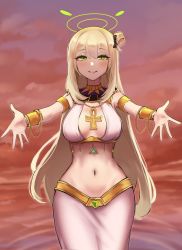 Rule 34 | 1girl, absurdres, ankh, armlet, blue archive, bow, bracelet, breasts, cloud, earrings, egypt, egyptian, egyptian clothes, evening, gold, green eyes, hair bow, hair bun, halo, highres, hoop earrings, imminent hug, jewelry, long hair, medium breasts, midriff, navel, necklace, nonomi (blue archive), orange sky, outstretched arms, single hair bun, skirt, sky, smile, sunset, swept bangs, usekh collar, user evmh2537, wide hips