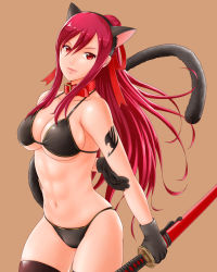 Rule 34 | 1girl, ameisensou, animal collar, animal ears, arm behind back, arm tattoo, bikini, black bikini, black gloves, black thighhighs, breasts, brown background, cat ears, cat tail, closed mouth, collar, collarbone, cowboy shot, erza scarlet, fairy tail, gloves, hair between eyes, hair ribbon, highres, holding, holding sword, holding weapon, insignia, katana, large breasts, lips, long hair, looking at viewer, navel, ponytail, red collar, red eyes, red hair, red ribbon, ribbon, sheath, sheathed, simple background, skindentation, solo, stomach, swimsuit, sword, tail, tattoo, thighhighs, weapon