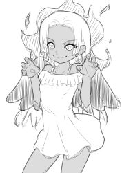 Rule 34 | 1girl, alternate costume, angel wings, bare shoulders, black wings, breasts, child, closed mouth, collarbone, contrapposto, cowboy shot, curled fingers, dark-skinned female, dark skin, dress, earrings, female focus, fingernails, fire, frills, gem, greyscale, hamaeru, hand gesture, highres, jewelry, legs apart, long hair, looking at viewer, monochrome, nose, one piece, s-snake, seraphim (one piece), simple background, small breasts, smile, snake earrings, solo, spaghetti strap, standing, star-shaped pupils, star (symbol), symbol-shaped pupils, tsurime, white background, white dress, white hair, wings