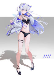 Rule 34 | 1girl, absurdres, amane kanata, amane kanata (work), angel, angel wings, bikini, black bikini, black footwear, blue eyes, blue hair, blue nails, blue wings, breasts, chamaru5963, colored inner hair, earrings, feathered wings, full body, gradient hair, gradient wings, grey hair, hair ornament, hairclip, halo, highres, hololive, jacket, jewelry, long hair, long sleeves, looking at viewer, mini wings, multi-strapped bikini, multicolored hair, multicolored wings, nail polish, navel, necklace, off shoulder, open clothes, open jacket, parted lips, sandals, shadow, single hair intake, small breasts, solo, standing, star halo, stomach, streaked hair, swimsuit, thigh strap, two side up, very long hair, virtual youtuber, white hair, white jacket, white wings, wings
