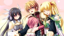 Rule 34 | 1boy, 3girls, :d, arm hug, bare shoulders, black hair, blonde hair, blush, brown eyes, clothes grab, detached sleeves, elf, emelita, closed eyes, fang, feather hair ornament, feathers, fingerless gloves, game cg, gloves, hair ornament, hairband, hairclip, happy, harem, hatozuki tsumiki, hug, kamidori alchemy meister, lens flare, long hair, multiple girls, open mouth, pink hair, pointy ears, red eyes, servalwi endoss, short hair, sleeve grab, smile, sparkle, twintails, wilfred dion, yuela