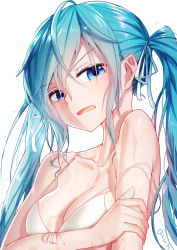 Rule 34 | 1girl, ahoge, bare shoulders, bikini, blue eyes, blush, breasts, cleavage, collarbone, commentary request, hair ribbon, hand on own arm, hatsune miku, long hair, looking at viewer, medium breasts, open mouth, qys3, ribbon, signature, simple background, solo, strap gap, strap slip, swimsuit, twintails, upper body, vocaloid, water drop, wet, white background, white bikini, white ribbon