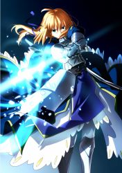 Rule 34 | 1girl, aqua eyes, armor, armored boots, armored dress, artoria pendragon (all), artoria pendragon (fate), blonde hair, blue dress, blue ribbon, boots, chietori, dress, fate/stay night, fate (series), floating hair, gauntlets, hair between eyes, hair over mouth, hair ribbon, holding, holding sword, holding weapon, long hair, ribbon, saber (fate), solo, standing, sword, weapon
