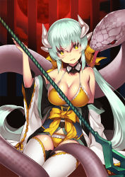 Rule 34 | 1girl, absurdres, animal, bare shoulders, bikini, bow, bow bikini, breasts, cleavage, collarbone, commentary request, detached sleeves, dragon girl, dragon horns, fate/grand order, fate (series), fingernails, giant snake, green hair, hair between eyes, hair bow, hair ornament, hand up, highres, holding, holding polearm, holding spear, holding weapon, horns, japanese clothes, kimono, kiyohime (fate), kiyohime (fate/grand order), kiyohime (swimsuit lancer) (fate), kiyohime (swimsuit lancer) (first ascension) (fate), large breasts, lasa (lasa1116), long hair, looking at viewer, naginata, open mouth, oversized animal, panties, petals, polearm, ribbon, sash, sidelocks, sitting, smile, snake, solo, spear, swimsuit, thighhighs, tongue, tongue out, underwear, very long hair, weapon, white thighhighs, wide sleeves, yellow bikini, yellow bow, yellow eyes, yellow panties, yellow ribbon