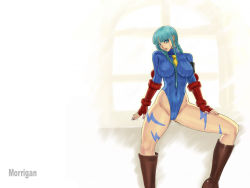 Rule 34 | 1girl, ark (morita hitomi), blue eyes, blue hair, blue leotard, breasts, cammy white, cammy white (cosplay), capcom, character name, company connection, cosplay, crossover, demon girl, huge breasts, leotard, matching hair/eyes, morrigan aensland, solo, street fighter, vampire (game), wallpaper