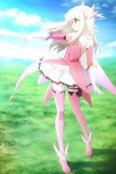 Rule 34 | 1girl, boots, brown hair, cloud, day, fate/kaleid liner prisma illya, fate (series), feather hair ornament, feathers, from side, grass, feather hair ornament, highres, illyasviel von einzbern, long hair, magical girl, morning, pink footwear, prisma illya, red eyes, screencap, sky, solo, thigh boots, thighhighs, white hair