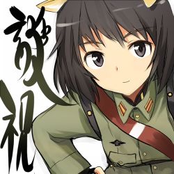 Rule 34 | 1girl, animal ears, black eyes, black hair, katou takeko, looking at viewer, lowres, military, military uniform, portrait, sandwich (artist), short hair, solo, strike witches, strike witches zero, translation request, tsuchii (ramakifrau), uniform, upper body, world witches series