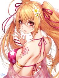 Rule 34 | 1girl, ahoge, armlet, artist name, bare shoulders, bikini, blush, breasts, closed mouth, commentary request, earrings, facial tattoo, flower, hair flower, hair ornament, hair ribbon, heart, heart tattoo, highres, jewelry, large breasts, long hair, looking at viewer, nail polish, original, pink bikini, pink lips, pink nails, red eyes, ribbon, sakiyamama, shawl, shoulder tattoo, signature, simple background, solo, star (symbol), star print, swimsuit, tattoo, twintails, very long hair, white background