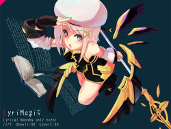 Rule 34 | 00s, 1girl, beret, black gloves, blonde hair, book, fingerless gloves, from above, gloves, green eyes, hair ornament, hat, long hair, looking at viewer, looking up, lyrical nanoha, mahou shoujo lyrical nanoha, open book, rod, salute, schwertkreuz, solo, staff, tome of the night sky, unison (nanoha), x hair ornament, yagami hayate