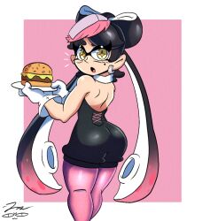 Rule 34 | 1girl, artist name, ass, back, bare arms, bare shoulders, black hair, black jumpsuit, border, bow-shaped hair, burger, callie (splatoon), detached collar, earrings, food, food on head, gloves, gradient hair, holding, holding plate, hoop earrings, inkling, jewelry, jumpsuit, lonercroissant, long hair, mole, mole under eye, multicolored hair, nintendo, object on head, pantyhose, pink background, pink pantyhose, plate, pointy ears, short jumpsuit, shoulder blades, signature, solo, splatoon (series), squid girl, strapless, strapless jumpsuit, sushi, swept bangs, tentacle hair, twintails, white border, white gloves, yellow eyes