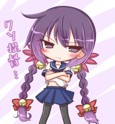 Rule 34 | 1girl, akebono (kancolle), alternate hairstyle, bell, black pantyhose, blue ribbon, blue skirt, blush, bow, braid, closed mouth, crossed arms, flower, hair bell, hair between eyes, hair bow, hair flower, hair ornament, jingle bell, kantai collection, komakoma (magicaltale), long hair, looking away, looking to the side, low twintails, midriff peek, navel, pantyhose, pleated skirt, purple eyes, purple hair, red bow, ribbon, school uniform, serafuku, shirt, short sleeves, skirt, solo, translation request, twin braids, twintails, very long hair, wavy mouth, white shirt