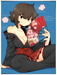 Rule 34 | 1girl, black eyes, black kimono, black thighhighs, blush, breasts, brown hair, cleavage, closed mouth, collarbone, crossed legs, d-floe, hand fan, highres, holding, holding fan, japanese clothes, kimono, large breasts, looking at viewer, original, short hair, sitting, smile, solo, thick eyebrows, thighhighs