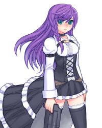 Rule 34 | 1girl, alternate color, black thighhighs, blue eyes, braid, breasts, dress, folks (nabokof), gun, long hair, maria traydor, player 2, purple hair, skirt, small breasts, solo, square enix, star ocean, star ocean till the end of time, thighhighs, weapon