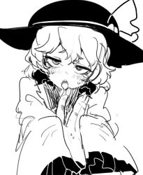 Rule 34 | 1girl, black headwear, blouse, blush, drooling, frilled shirt collar, frilled sleeves, frills, greyscale, hat, high contrast, highres, komeiji koishi, long sleeves, looking at viewer, monochrome, nyong nyong, open mouth, sexually suggestive, shirt, short hair, simple background, sleeves past fingers, sleeves past wrists, solo focus, tongue, tongue out, touhou, upper body, wavy hair, white background, wide sleeves