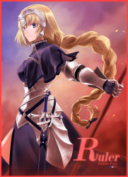 Rule 34 | 1girl, armor, armored dress, blonde hair, border, braid, breasts, capelet, chain, character name, fate/apocrypha, fate (series), faulds, gauntlets, headpiece, jeanne d&#039;arc (fate), jeanne d&#039;arc (ruler) (fate), long hair, red border, sheath, sheathed, shirotsumekusa, single braid, solo, sparks, staff, sword, weapon