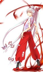 Rule 34 | 1girl, bad id, bad pixiv id, boots, bow, breasts, collared shirt, expressionless, fire, fujiwara no mokou, full body, hair bow, high heel boots, high heels, long hair, looking at viewer, looking back, ofuda, red eyes, shirt, small breasts, solo, souta (karasu no ouchi), standing, suspenders, torn clothes, torn sleeves, touhou, very long hair, white background, white hair
