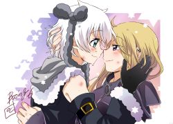 Rule 34 | 2girls, aqua eyes, azusa mifuyu, blonde hair, blush, booing6, closed mouth, crying, crying with eyes open, detached sleeves, ear piercing, eyes visible through hair, from side, fur-trimmed hood, fur-trimmed sleeves, fur trim, grey hoodie, grey ribbon, grey sleeves, hair horns, hair ribbon, hand in another&#039;s hair, hand on another&#039;s back, happy tears, hexagram, highres, hood, hood down, hoodie, hug, injury, long hair, looking at another, magia record: mahou shoujo madoka magica gaiden, magical girl, mahou shoujo madoka magica, multiple girls, noses touching, parted lips, piercing, profile, purple eyes, purple hoodie, ribbon, short hair, signature, smile, swept bangs, tears, upper body, white hair, yukino kanae, yuri, zipper