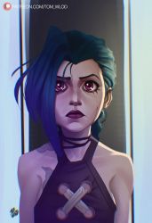 Rule 34 | 1girl, arcane: league of legends, arcane jinx, artist name, asymmetrical bangs, bare shoulders, blue hair, braid, brown background, choker, closed mouth, cloud tattoo, collarbone, crying, green hair, grey background, highres, jinx (league of legends), league of legends, long hair, looking at viewer, patreon logo, patreon username, pink eyes, portrait, red lips, solo, streaming tears, tears, tom wlod, upper body
