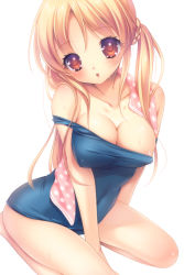 Rule 34 | 1girl, :o, areola slip, bad id, bad pixiv id, bare legs, bare shoulders, blonde hair, blush, breasts, bursting breasts, cleavage, clothes pull, collarbone, covered erect nipples, highres, large breasts, long hair, looking at viewer, momoi komomo, off shoulder, one-piece swimsuit pull, original, polka dot, red eyes, side ponytail, sitting, solo, towel, towel around neck, white background