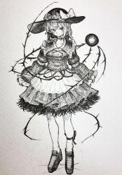 Rule 34 | 1girl, adapted costume, bow, choker, closed mouth, flower, full body, greyscale, hat, hat bow, highres, komeiji koishi, looking at viewer, mashimashi, monochrome, rose, shoes, short hair, sleeves past fingers, sleeves past wrists, smile, solo, standing, third eye, thorns, touhou, traditional media