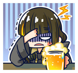 Rule 34 | 1girl, alcohol, arms on table, beer, beer mug, black hair, black jacket, black necktie, blank eyes, blonde hair, blue background, blush stickers, chibi, chinese commentary, commentary request, cup, frown, girls&#039; frontline, gloom (expression), hangover, headphones, headphones around neck, highres, jacket, long hair, m16a1 (girls&#039; frontline), mug, multicolored hair, necktie, official art, open mouth, shaded face, shirt, simple background, solo, streaked hair, su xiao jei, trembling, upper body, yellow shirt