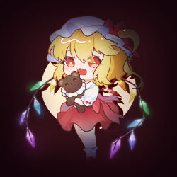 Rule 34 | 1girl, absurdres, blonde hair, chibi, crystal, crystal wings, dress, fang, flandre scarlet, frills, full body, hat, highres, medium hair, mob cap, open mouth, penguin72, red dress, red eyes, side ponytail, skin fang, solo, stuffed animal, stuffed toy, teddy bear, touhou