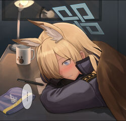 Rule 34 | ..., 1girl, 1other, aisumegane, animal ear fluff, animal ears, blanket, blonde hair, blue archive, blue eyes, blue shirt, blush, commentary request, cup, desk lamp, dog ears, dog girl, elbows on table, embarrassed, hair over one eye, head rest, highres, holding, holding blanket, indoors, kanna (blue archive), lamp, mug, paper, parted bangs, parted lips, pen, picture frame, police, police uniform, policewoman, shirt, sleeping, spoken ellipsis, uniform, unworn armband, white shirt