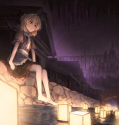 Rule 34 | 1girl, architecture, arm support, barefoot, black skirt, blonde hair, bo cota, breasts, bridge, brown shirt, building, chireiden, city, closed mouth, commentary, east asian architecture, expressionless, eyes visible through hair, from below, full body, green eyes, highres, house, lantern, light particles, looking ahead, looking down, medium hair, mizuhashi parsee, pantyhose, pointy ears, shirt, short hair, short sleeves, sitting, skirt, small breasts, solo, stalactite, touhou, underground, water, white pantyhose